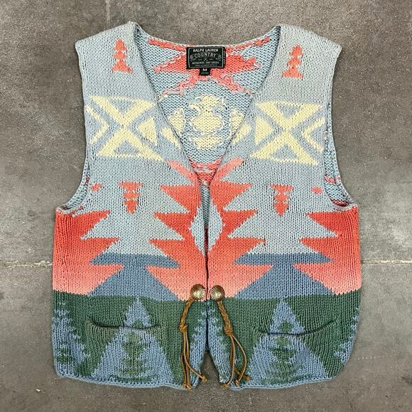 Vintage 90s Ralph Lauren Country Aztec Concho Vest Hand Knit Medium - Picture 1 of 6